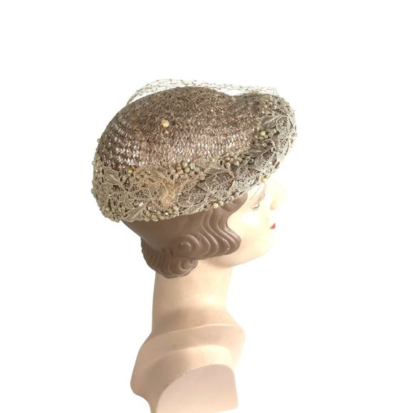 1950s straw hat blush pink with lace and pearls main image 6